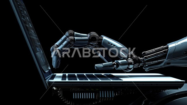 التحول والتقدم الرقمي الكبير بمجال صناعة الروبوتات، العلوم والابتكار وتكنولوجيا الذكاء الاصطناعي، الرؤية السعودية المستقبلية2030، تحقيق الثورة الصناعية، صورة مقربة ليد روبوت آلي حديث ومتطور يعمل على الحاسوب المحمول، الاعتماد على عمل الآلات المؤتمت  في المستقبل