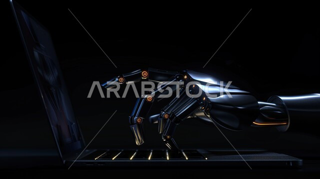 الاعتماد على عمل الآلات المؤتمت في المستقبل، التحول والتقدم الرقمي الكبير بمجال صناعة الروبوتات، العلوم والابتكار وتكنولوجيا الذكاء الاصطناعي، الرؤية السعودية المستقبلية2030، تحقيق الثورة الصناعية، صورة مقربة ليد روبوت آلي حديث ومتطور يعمل على الحاسوب المحمول