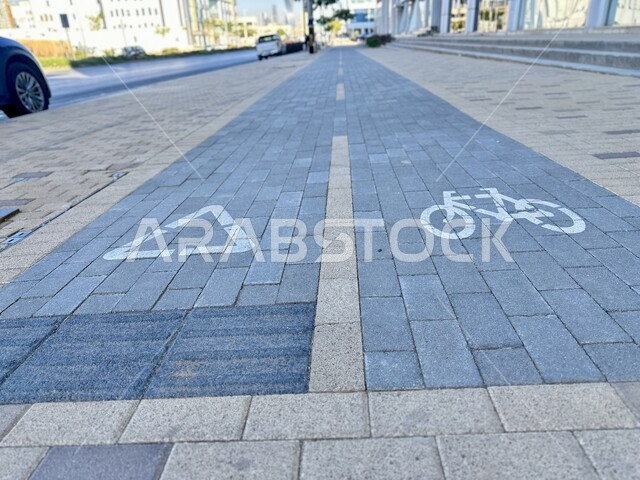 النمو والتطور العمراني في المملكة العربية السعودية، التقدم الحضاري في شوارع العاصمة، رصف الطرقات وتحديد المسارات بشكل منظم، صورة مقربة لمسار الدراجة الهوائية في مدينة الرياض، تنظيم حركة المرور والسير