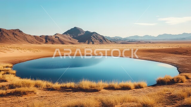 التضاريس والكثبان الرملية، التشكلات والتكوينات من الرمال الذهبية الناعمة، الطبيعة الجبلية في المناطق الصحراوية، واحة ماء وسط الصحراء في النهار، نمو النباتات والشوكيات حول بركة المياه، البيئة الجافة والطبيعة القاسية في صحاري الخليج العربي، خلفية السماء الزرقاء