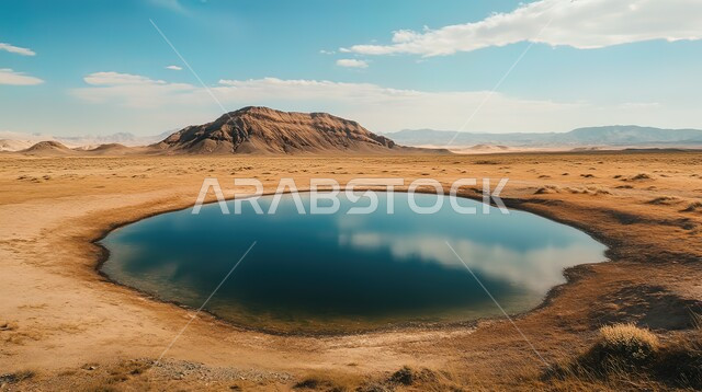 Terrain and sand dunes, formations and configurations of soft golden sand, mountainous nature in desert areas, water oasis in the middle of the desert during the day, growth of plants and thorns around the water pool, dry environment and harsh nature in the deserts of the Arabian Gulf, blue sky background