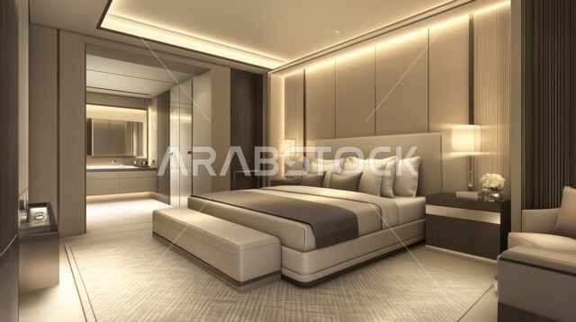 سرير كبير ومريح بتصميم حديث، غرفة نوم بتصاميم عصرية، الأثاث المنزلي الراقي، ديكورات منزلية داخلية للشقق والفلل السكنية في المملكة العربية السعودية، الفنادق والمنتجعات الفاخرة، الواجهات والنوافذ الزجاجية الكبيرة
