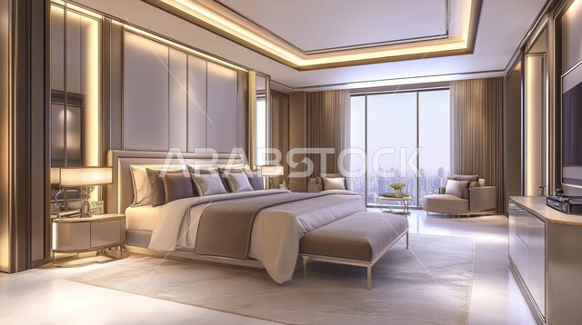 سرير كبير ومريح بتصميم حديث، غرفة نوم بتصاميم عصرية، الأثاث المنزلي الراقي، ديكورات منزلية داخلية للشقق والفلل السكنية في المملكة العربية السعودية، الفنادق والمنتجعات الفاخرة، الواجهات والنوافذ الزجاجية الكبيرة