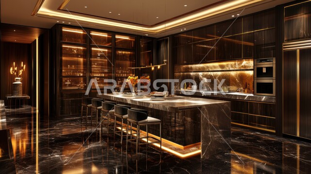مطبخ بديكورات داخلية عصرية فاخرة بألوان مميزة ، شقق وفلل سكنية راقية في السعودية، استخدام الطراز الفني الانيق في الأثاث المنزلي،  فنون الهندسة المعمارية المتميزة الحديثة