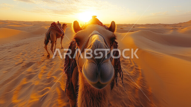 Camel herding in nature reserves in Saudi Arabia, close-up of purebred Arabian camel standing on soft golden sand in desert, hills and sand dunes, livestock and mammal farming in desert, cloudy sky during daytime
