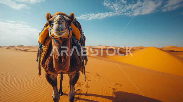 رعاية الجمال والابل في المحميات الطبيعية في المملكة العربية السعودية، صورة مقربة لجمل عربي أصيل يقف فوق الرمال الذهبية الناعمة وسط الصحراء، التلال و الكثبان الرملية، الاهتمام بتربية المواشي والثدييات في الصحاري، منظر السماء المليئة بالغيوم وقت النهار