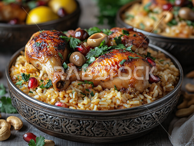 طبق من أرز البرياني وقطع الدجاج المشوية والزيتون والرمان، أرز الكبسة مع الخضراوات والتوابل, أطباق و ماكولات عربية تقليدية, وصفات الطعام الصحية الشهية, فنون تقديم الأطعمة الشرقية اللذيذة 
