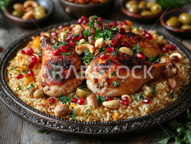طبق من أرز البرياني وقطع الدجاج المشوية والزيتون والرمان، أرز الكبسة مع الخضراوات والتوابل, أطباق و ماكولات عربية تقليدية, وصفات الطعام الصحية الشهية, فنون تقديم الأطعمة الشرقية اللذيذة 