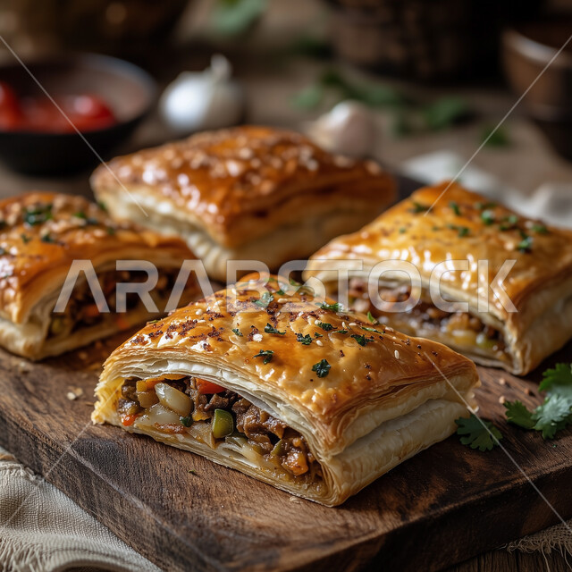 أطباق ووصفات طعام شعبية لذيذة وصحية، طرق مميزة لتقديم الطعام، وجبات بطرائق شهية، مطاعم للمأكولات العربية الخليجية السعودية المشهورة، صورة مقربة للمعجنات اللذيذة المحشوة باللحوم والمغطاة ببذور السمسم
