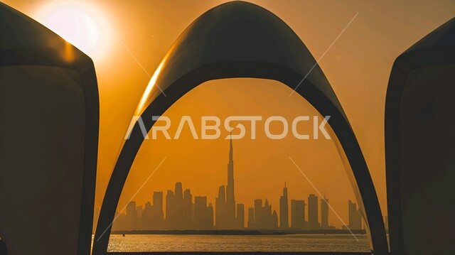 منظر لانعكاس برج خليفة وناطحات السحاب عند غروب الشمس على الساحل في مدينة دبي، الفن الهندسي المعماري على الطراز الحديث، معالم وأماكن سياحية مشهورة في الإمارات العربية المتحدة، النمو والتقدم العمراني