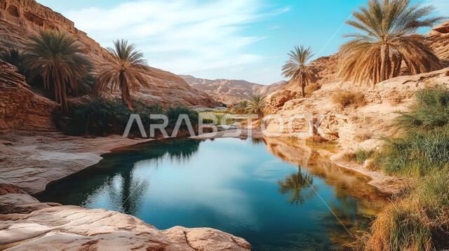 واحة ماء وسط الصحراء في النهار، التضاريس والكثبان الرملية، التشكلات والتكوينات من الرمال الذهبية الناعمة، الطبيعة الجبلية في المناطق الصحراوية، نمو النباتات والشوكيات حول بركة المياه، البيئة الجافة والطبيعة القاسية في صحاري الخليج العربي، خلفية السماء الزرقاء