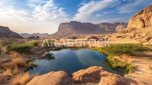 واحة ماء وسط الصحراء في النهار، التضاريس والكثبان الرملية، التشكلات والتكوينات من الرمال الذهبية الناعمة، الطبيعة الجبلية في المناطق الصحراوية، نمو النباتات والشوكيات حول بركة المياه، البيئة الجافة والطبيعة القاسية في صحاري الخليج العربي، خلفية السماء الزرقاء