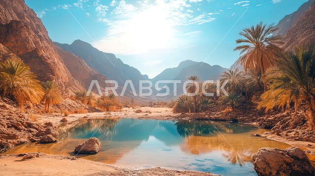 واحة ماء وسط الصحراء في النهار، التضاريس والكثبان الرملية، التشكلات والتكوينات من الرمال الذهبية الناعمة، الطبيعة الجبلية في المناطق الصحراوية، نمو النباتات والشوكيات حول بركة المياه، البيئة الجافة والطبيعة القاسية في صحاري الخليج العربي، خلفية السماء الزرقاء