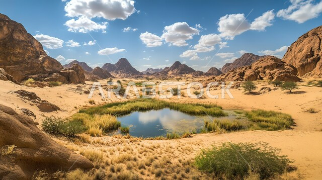 واحة ماء وسط الصحراء في النهار، التضاريس والكثبان الرملية، التشكلات والتكوينات من الرمال الذهبية الناعمة، الطبيعة الجبلية في المناطق الصحراوية، نمو النباتات والشوكيات حول بركة المياه، البيئة الجافة والطبيعة القاسية في صحاري الخليج العربي، خلفية السماء الزرقاء