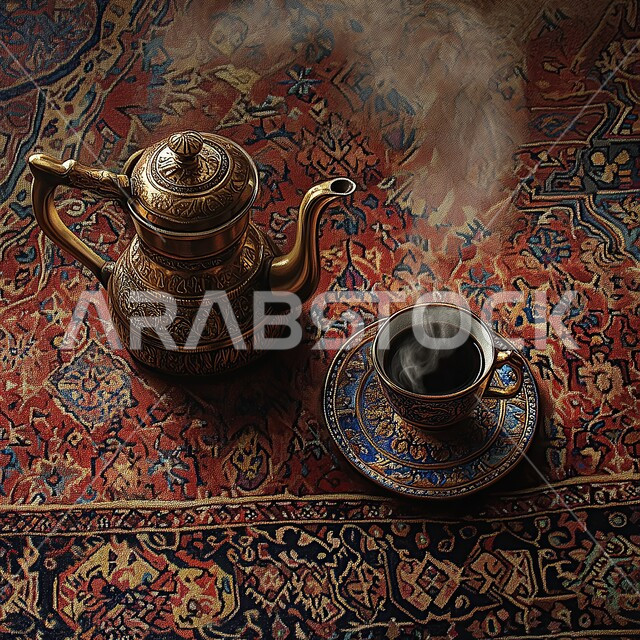 حسن الضيافة والاستقبال, تقديم المشروبات الساخنة في الزيارات, العادات والتقاليد العربية الشرقية, ابريق وفنجان من الشاي على سجادة تقليدية منقوشة, الجلسات الشعبية في المملكة العربية السعودية