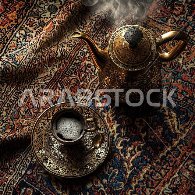 تقديم المشروبات الساخنة في الزيارات, حسن الضيافة والاستقبال, العادات والتقاليد العربية الشرقية, ابريق وفنجان من الشاي على سجادة تقليدية منقوشة, الجلسات الشعبية في المملكة العربية السعودية