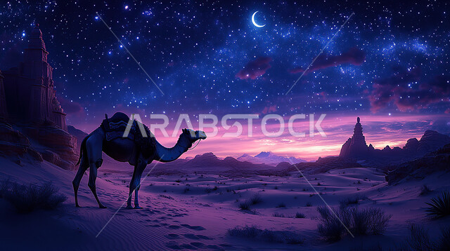 جمل يقف على الرمال الذهبية الناعمة في الصحراء, مزارع للاهتمام بالابل في صحاري المملكة العربية السعودية, رعاية الثدييات والمواشي, محميات طبيعية لتربية الجمال في المناطق الصحراوية، خلفية السماء ليلا مع الهلال 