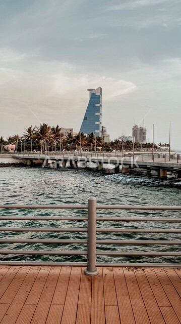 The headquarters of the business complex in Jeddah Corniche in the Kingdom of Saudi Arabia, the Corniche of the tourist city of Jeddah, beautiful natural tourist places in Saudi Arabia