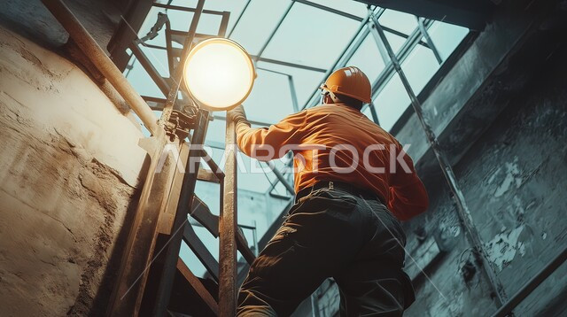 المهارة و اتقان العمل، منظر من زاوية منخفضة لعامل عربي سعودي خليجي يصعد الدرج في مبنى يعمل كمهندس فني، مزاولة المهنة باحتراف، حرفي كهربائي يقوم بأعمال الصيانة، مهن ووظائف متنوعة في المملكة العربية السعودية