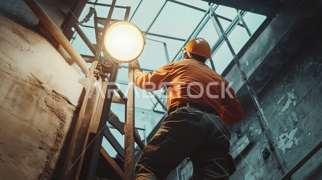 المهارة و اتقان العمل، منظر من زاوية منخفضة لعامل عربي سعودي خليجي يصعد الدرج في مبنى يعمل كمهندس فني، مزاولة المهنة باحتراف، حرفي كهربائي يقوم بأعمال الصيانة، مهن ووظائف متنوعة في المملكة العربية السعودية