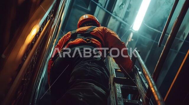 حرفي كهربائي يقوم بأعمال الصيانة، المهارة و اتقان العمل، منظر من زاوية منخفضة لعامل عربي سعودي خليجي يصعد الدرج في مبنى يعمل كمهندس فني، مزاولة المهنة باحتراف، مهن ووظائف متنوعة في المملكة العربية السعودية