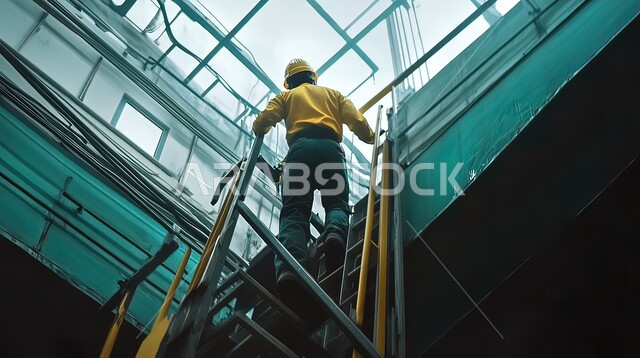 حرفي كهربائي يقوم بأعمال الصيانة، المهارة و اتقان العمل، منظر من زاوية منخفضة لعامل عربي سعودي خليجي يصعد الدرج في مبنى يعمل كمهندس فني، مزاولة المهنة باحتراف، مهن ووظائف متنوعة في المملكة العربية السعودية