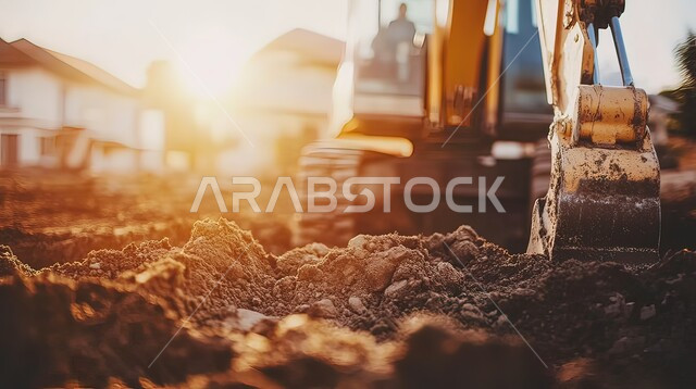 مفهوم الهندسة المعمارية والإنشاءات، صورة مقربة لجرافة كبيرة تعمل في الحفر ورفع الأتربة في موقع العمل، الاعتماد على الآلات والمعدات الثقيلة في أعمال البناء، مهن ووظائف هندسية صناعية في المملكة العربية السعودية، تحسين البنية التحتية لإقامة المباني والمشاريع الحديثة