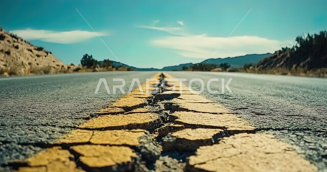 خط سير سريع، صورة مقربة لطريق اسفلتي متضرر ومتشقق، صيانة وتطوير البنية التحتية، منظر المرتفعات الجبلية في براري المملكة العربية السعودية