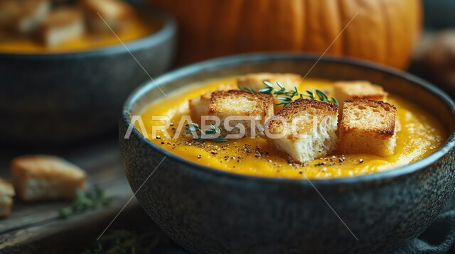 وعاء مرق الخضار, طبق من شوربة اليقطين الكريمية مع الخبز المحمص والأعشاب, وجبات خفيفة صحية، مقبلات و أطباق حساء شهية، وصفات وأطعمة شعبية، فنون التقديم في مطابخ المملكة العربية السعودية