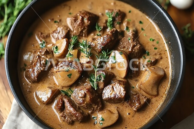 وجبة ذات قيمة غذائية عالية، مطاعم للمأكولات العربية الشرقية، وصفات المطبخ السعودي الغني بالنكهات، أطعمة غنية بالبروتين، صورة مقربة لقطع اللحم البقري المطبوخة مع التوابل والكريمة المزينة بالبقدونس في طبق اسود