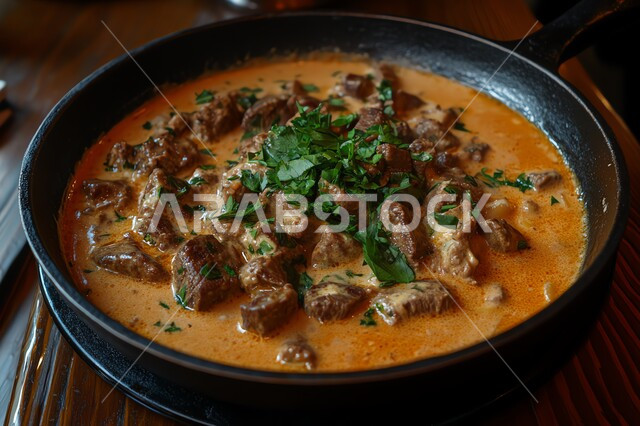 وجبة ذات قيمة غذائية عالية، مطاعم للمأكولات العربية الشرقية، وصفات المطبخ السعودي الغني بالنكهات، أطعمة غنية بالبروتين، صورة مقربة لقطع اللحم البقري المطبوخة مع التوابل والكريمة المزينة بالبقدونس في طبق اسود