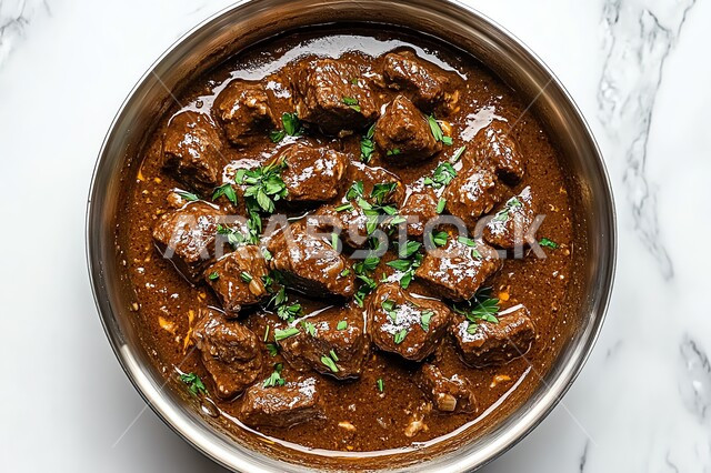 أطعمة غنية بالبروتين، وجبة ذات قيمة غذائية عالية، مطاعم للمأكولات العربية الشرقية، وصفات المطبخ السعودي الغني بالنكهات، صورة مقربة لقطع اللحم البقري المطبوخة مع التوابل والكريمة المزينة بالبقدونس، خلفية بيضاء