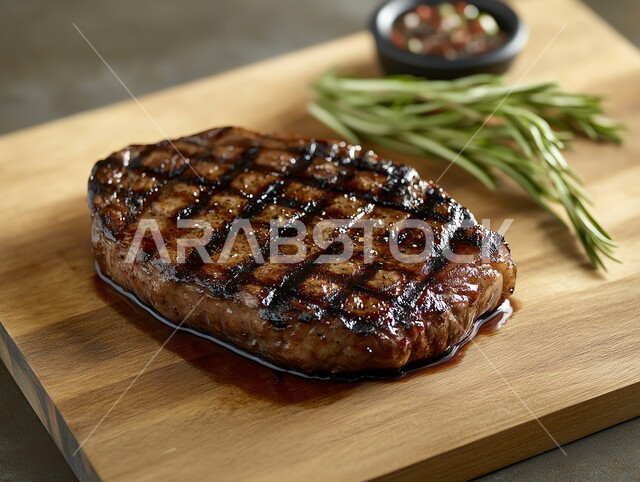 وجبة ذات قيمة غذائية عالية، مطاعم للمأكولات العربية الشرقية، اللحوم البقرية المشوية الشهية، أطعمة غنية بالبروتين، صورة مقربة لستيك اللحم المزين بإكليل الجبل على لوح خشبي، وصفات المطبخ السعودي الغني بالنكهات