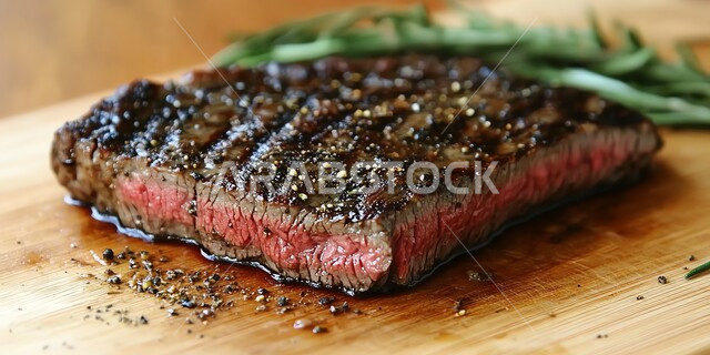 وجبة ذات قيمة غذائية عالية، مطاعم للمأكولات العربية الشرقية، اللحوم البقرية المشوية الشهية، أطعمة غنية بالبروتين، صورة مقربة لستيك اللحم المزين بإكليل الجبل على لوح خشبي، وصفات المطبخ السعودي الغني بالنكهات