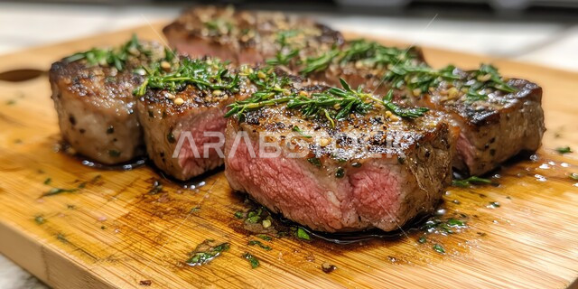 وجبة ذات قيمة غذائية عالية، مطاعم للمأكولات العربية الشرقية، اللحوم البقرية المشوية الشهية، أطعمة غنية بالبروتين، صورة مقربة لستيك اللحم المزين بإكليل الجبل على لوح خشبي، وصفات المطبخ السعودي الغني بالنكهات
