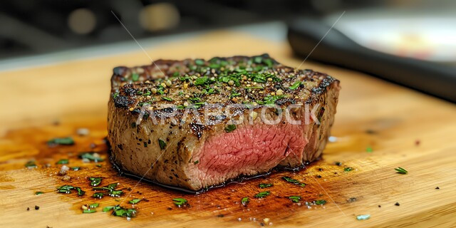 اللحوم البقرية المشوية الشهية، وجبة ذات قيمة غذائية عالية، مطاعم للمأكولات العربية الشرقية، أطعمة غنية بالبروتين، صورة مقربة لستيك اللحم المزين بالبقدونس على لوح خشبي، وصفات المطبخ السعودي الغني بالنكهات