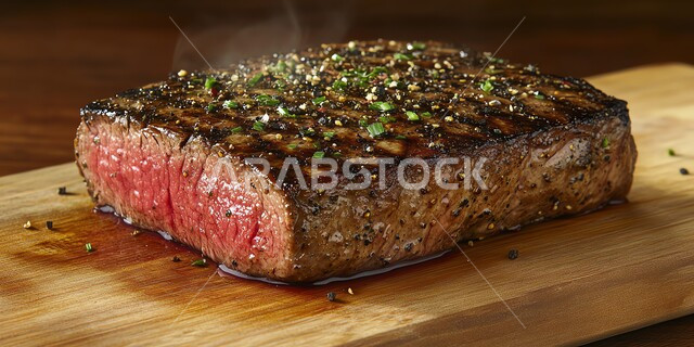 اللحوم البقرية المشوية الشهية، وجبة ذات قيمة غذائية عالية، مطاعم للمأكولات العربية الشرقية، أطعمة غنية بالبروتين، صورة مقربة لستيك اللحم المزين بالبقدونس على لوح خشبي، وصفات المطبخ السعودي الغني بالنكهات