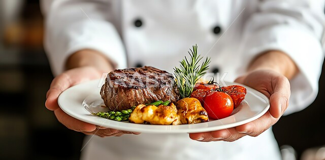 High nutritional value meal, Oriental Arabic food restaurants, Delicious grilled beef, Protein rich foods, Close up of a chef's hands holding a plate of steak with rosemary and vegetables, Saudi cuisine recipes rich in flavors