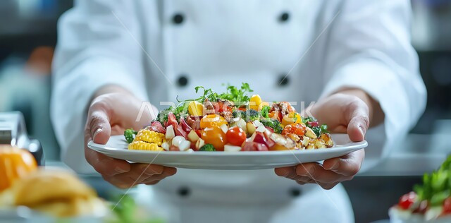 اللحوم البقرية المشوية الشهية، وجبة ذات قيمة غذائية عالية، مطاعم للمأكولات العربية الشرقية، أطعمة غنية بالبروتين، صورة مقربة لأيدي طباخ يحمل طبق من اللحم مع الخضار المتنوعة، وصفات المطبخ السعودي الغني بالنكهات