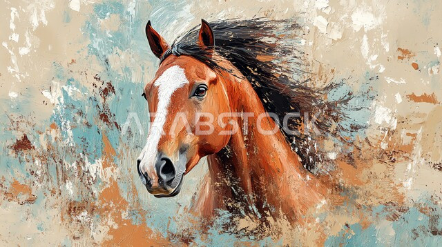 مفهوم حب الخيول، رمز الفروسية والشجاعه، تصاميم و فنون تشكيليه مبتكرة, مجسم لرأس حصان بني اللون، الأحصنة العربية الأصيلة، توارث شغف الجياد من الأجداد، خلفية ملونة