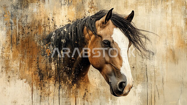 مفهوم حب الخيول، رمز الفروسية والشجاعه، تصاميم و فنون تشكيليه مبتكرة, مجسم لرأس حصان بني اللون، الأحصنة العربية الأصيلة، توارث شغف الجياد من الأجداد، خلفية ملونة