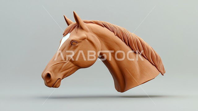 توارث شغف الجياد من الأجداد، رمز الفروسية والشجاعه، مفهوم حب الخيول، تصاميم و فنون تشكيليه مبتكرة, مجسم لرأس حصان بني اللون، الأحصنة العربية الأصيلة، خلفية رمادية