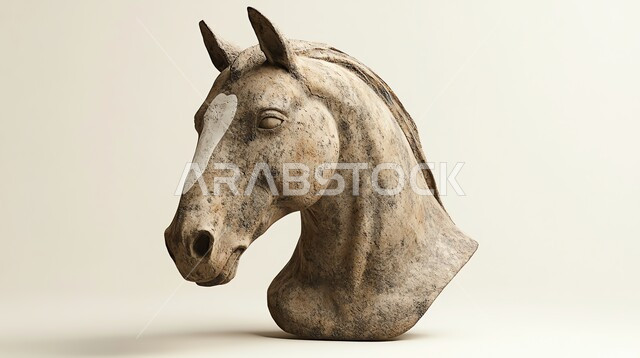 توارث شغف الجياد من الأجداد، رمز الفروسية والشجاعه، مفهوم حب الخيول، تصاميم و فنون تشكيليه مبتكرة, مجسم لرأس حصان ابيض اللون، الأحصنة العربية الأصيلة، خلفية بيضاء