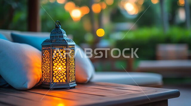 البهجة بقدوم رمضان المبارك، فانوس معدني مضيء على طاولة خشبية، ديكورات وزينة شهر الخير، الاحتفال بالمناسبات والأعياد الدينية، خلفية ضبابية