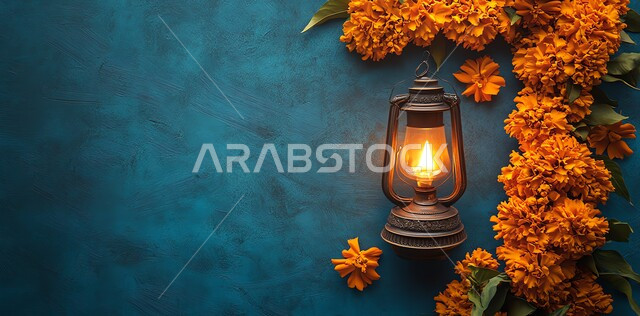 البهجة بقدوم رمضان المبارك، فانوس معدني تقليدي مضيء معلق على الجدار مع الازهار برتقالية اللون، ديكورات وزينة شهر الخير، الاحتفال بالمناسبات والأعياد الدينية، خلفية سوداء