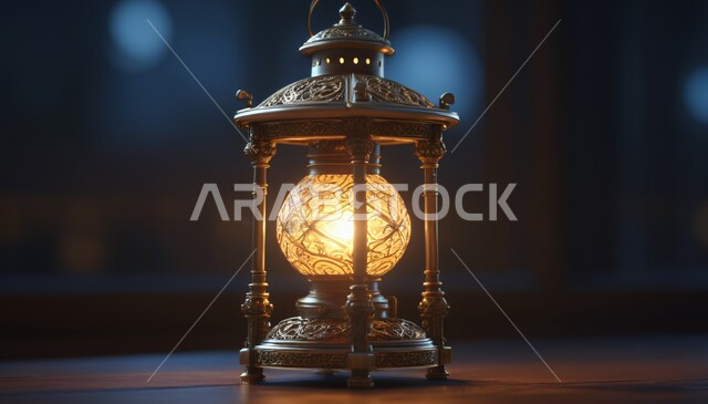 البهجة بقدوم رمضان المبارك، فانوس معدني تقليدي مضيء، ديكورات وزينة شهر الخير، الاحتفال بالمناسبات والأعياد الدينية الإسلامية، خلفية ضبابية
