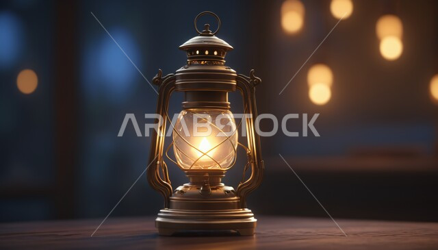 البهجة بقدوم رمضان المبارك، فانوس معدني تقليدي مضيء، ديكورات وزينة شهر الخير، الاحتفال بالمناسبات والأعياد الدينية الإسلامية، خلفية ضبابية