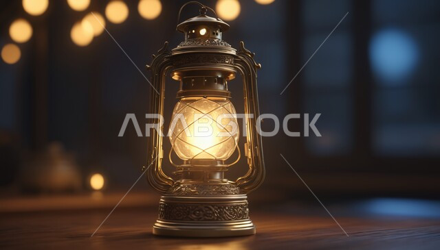ديكورات وزينة شهر الخير، البهجة بقدوم رمضان المبارك، فانوس معدني تقليدي مضيء، الاحتفال بالمناسبات والأعياد الدينية الإسلامية، خلفية ضبابية