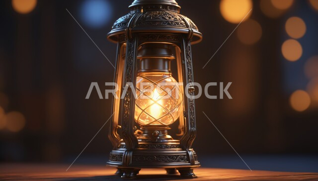 ديكورات وزينة شهر الخير، البهجة بقدوم رمضان المبارك، فانوس معدني تقليدي مضيء، الاحتفال بالمناسبات والأعياد الدينية الإسلامية، خلفية ضبابية