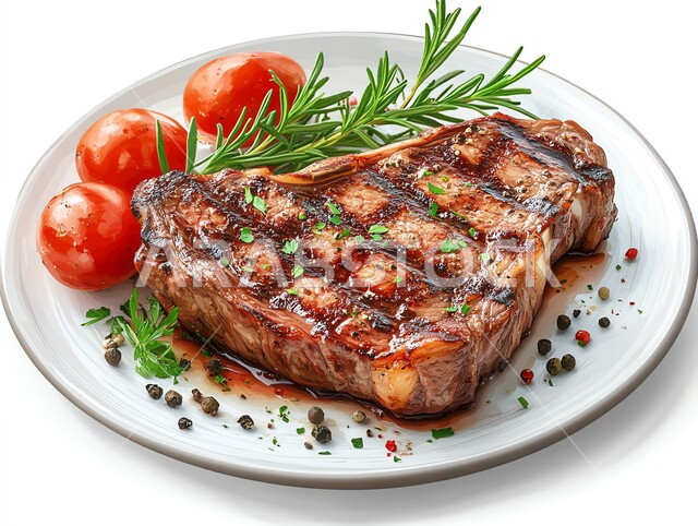 وجبة ذات قيمة غذائية عالية، مطاعم للمأكولات العربية الشرقية، اللحوم البقرية المشوية الشهية، أطعمة غنية بالبروتين، صورة مقربة لستيك اللحم مع حبات الطماطم و إكليل الجبل، وصفات المطبخ السعودي الغني بالنكهات اللذيذة، خلفية بيضاء